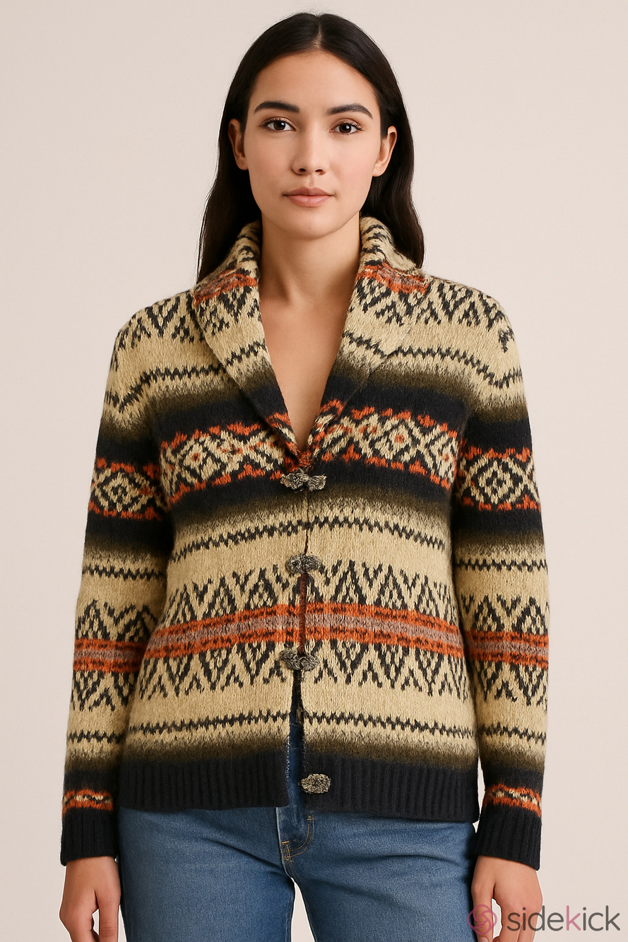 VINTAGE Susan Bristol MEDIUM Cream Fair Isle Metal Clips 💯 WOOL Shawl Cardigan